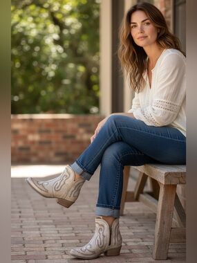 STERLING RIVER Ankle Cowboy Boots BEIGE Embroidery Vine
Women Sz 8.5 Round Toe